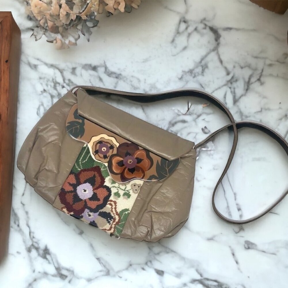 * Vintage Moon Bag in Taupe Leather w/ Cross-stitch